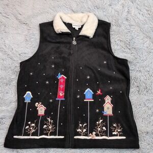 Breckenridge Vest Womens L Black Holiday Embroidery Fleece Soft Cozy Lightweight